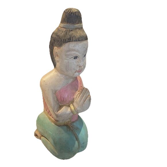 Vintage Hand Carved Asian Praying Kneeling Wooden Hand Painted Statue 11" - Picture 1 of 7